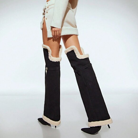 Black Suede Over-Knee faux suede and faux sherpa trim High Heel Boots - Picture 2 of 7